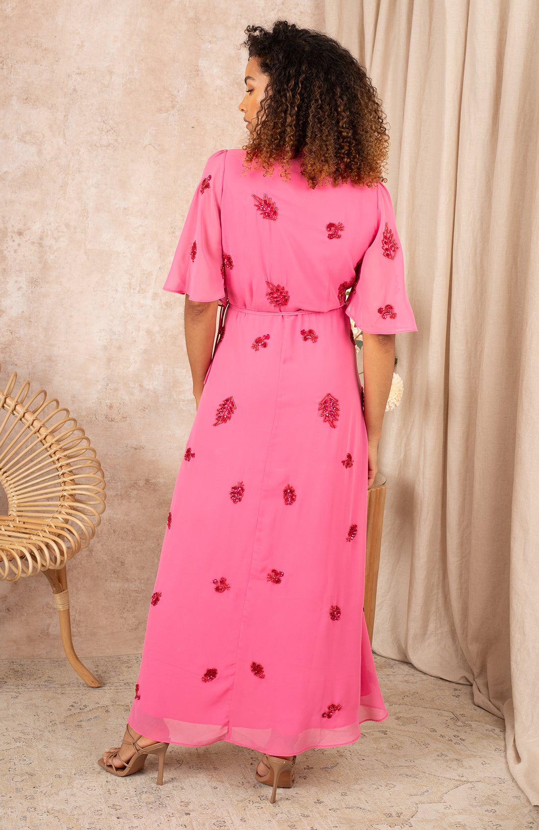 Hope & Ivy -The Hebe Embellished Wrap Dress with Tie Waist and Flutter Sleeve