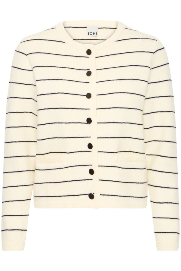 Ichi Besila Cardigan, Striped, Black Stripes, White, Almond Milk, EvaLucia Boutique Perth, Scotland
