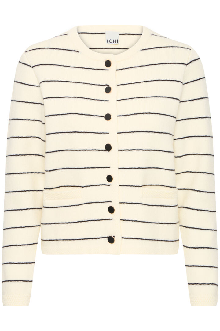 Ichi Besila Cardigan, Striped, Black Stripes, White, Almond Milk, EvaLucia Boutique Perth, Scotland