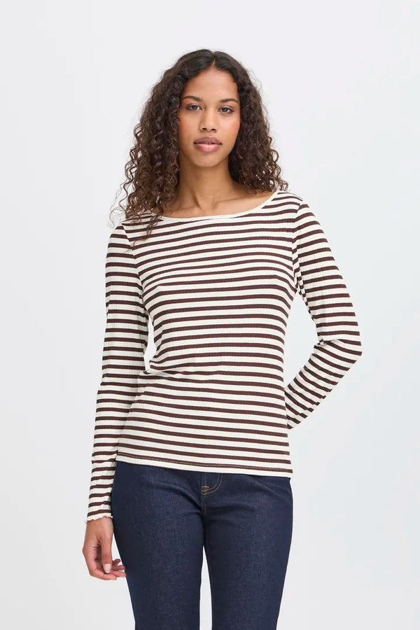 ICHI Cella Long Sleeved T-Shirt in Cloud Dancer Coffee Bean - 20122819