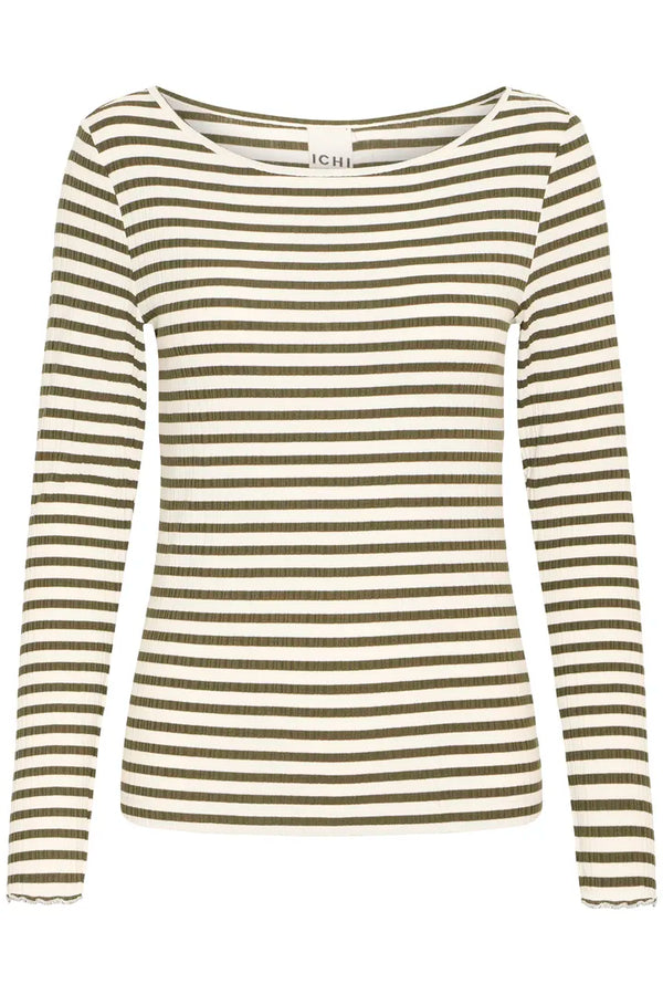 ICHI Cella Long Sleeved T-Shirt in Cloud Dancer Rifle Green - 20122819