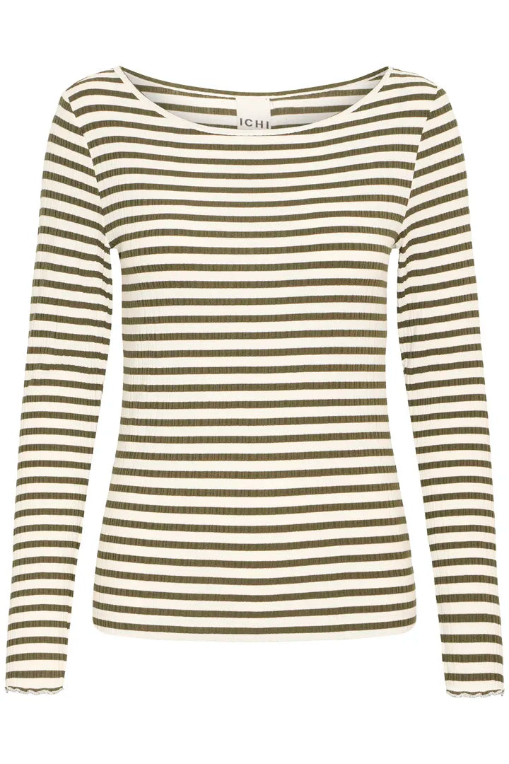 ICHI Cella Long Sleeved T-Shirt in Cloud Dancer Rifle Green - 20122819