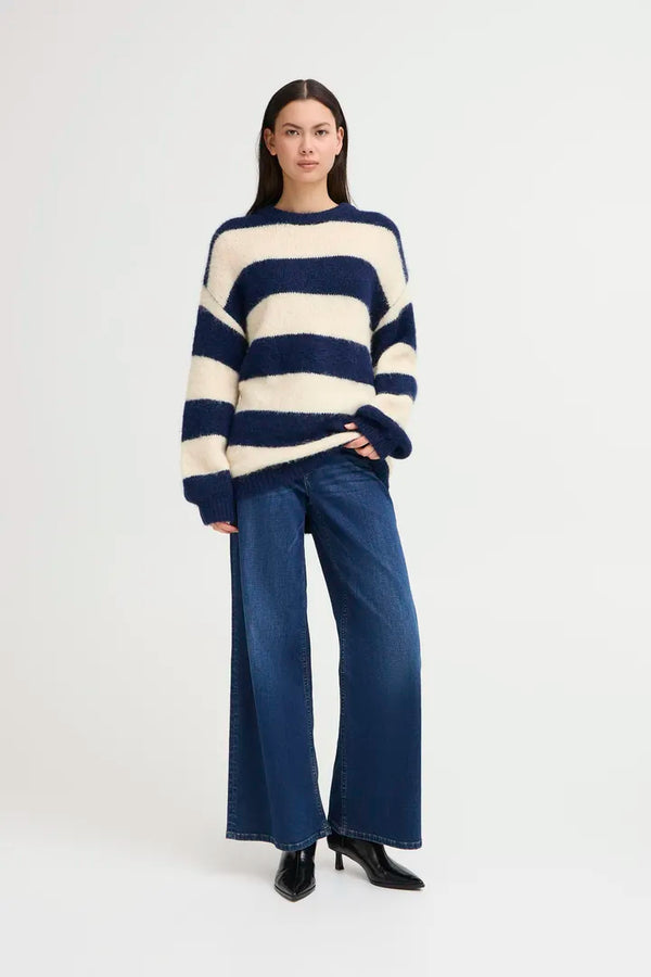 Ichi Dayana Long Sleeved Jumper, Knitted, Patriot Blue, Stripes, EvaLucia Boutique, Perth, Scotland