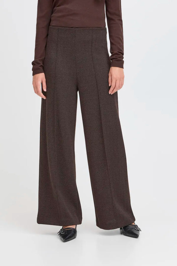 Ichi Kate Jacquard Pant in Black Brown Herringbone - 20121602