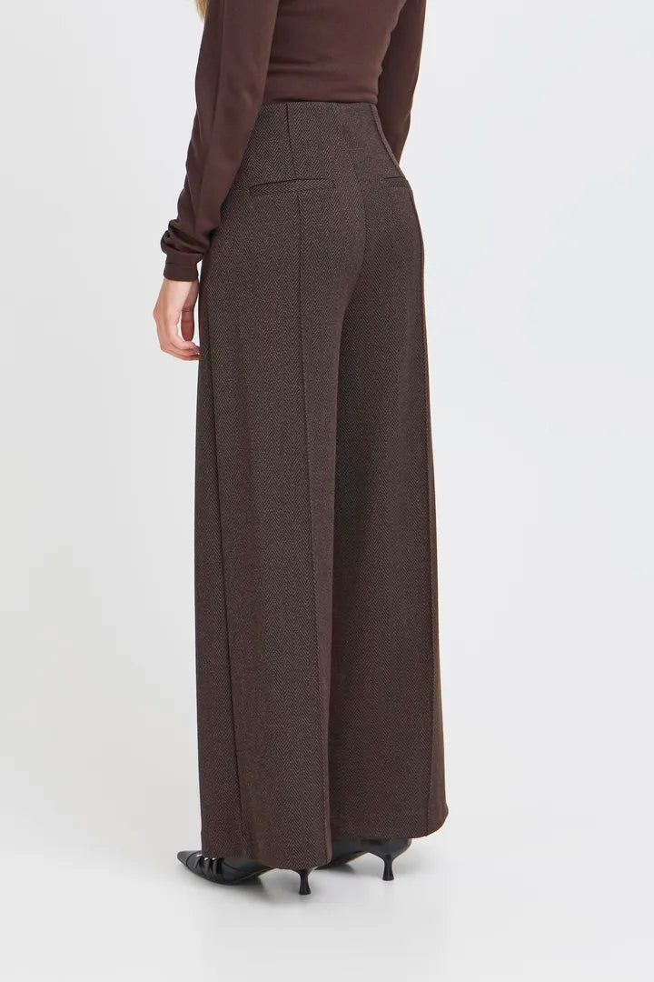 Ichi Kate Jacquard Pant in Black Brown Herringbone - 20121602