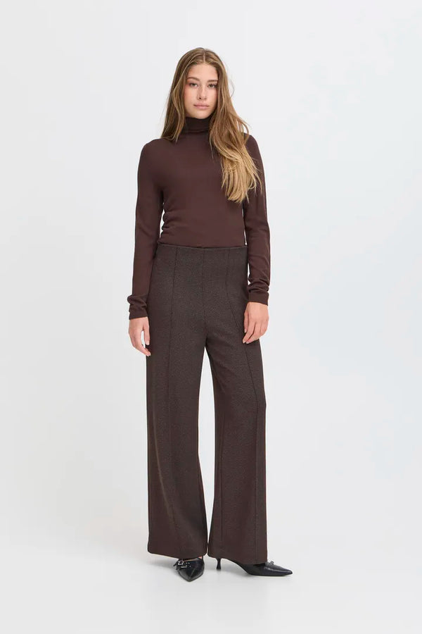 Ichi Kate Jacquard Pant in Black Brown Herringbone - 20121602