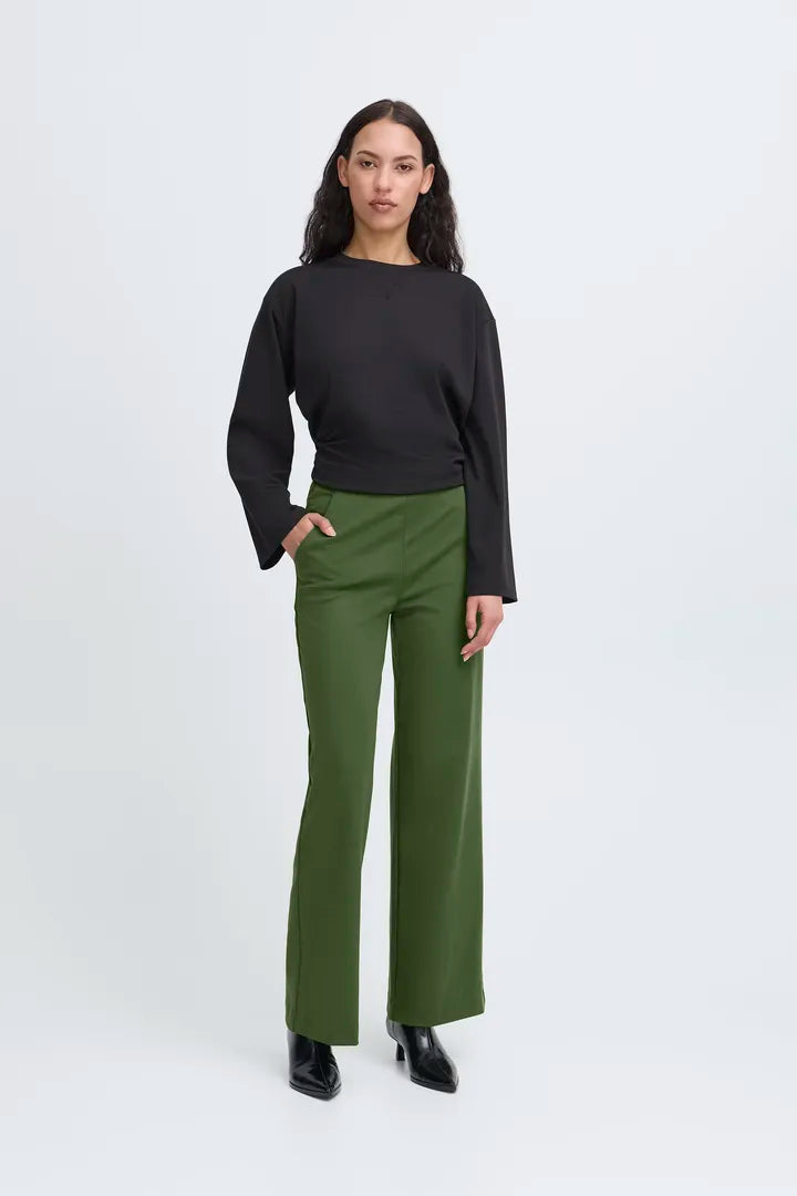 ICHI Kate Wide Leg Pant in Rifle Green - 20123476