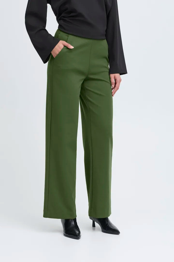 ICHI Kate Wide Leg Pant in Rifle Green - 20123476