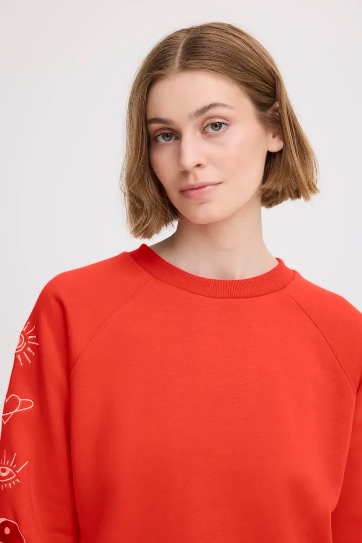 ICHI Lela Brushed Sweatshirt in Birch Embroi - 20124174