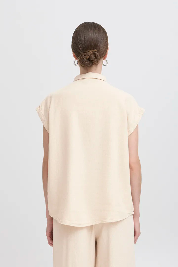 Ichi Linno Blouse with Short Sleeves in Ecru - 20122922
