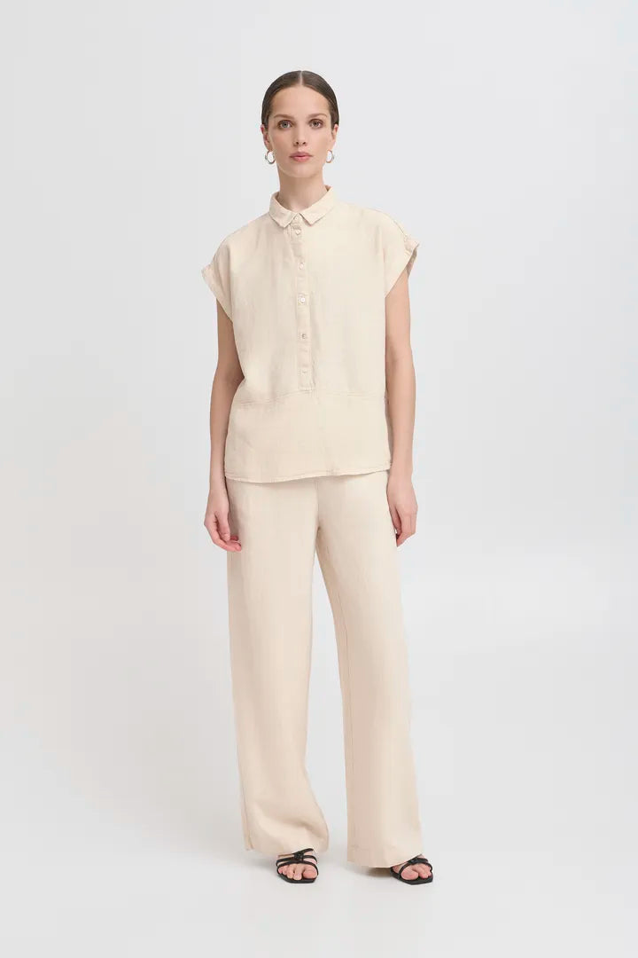 Ichi Linno Blouse with Short Sleeves in Ecru - 20122922