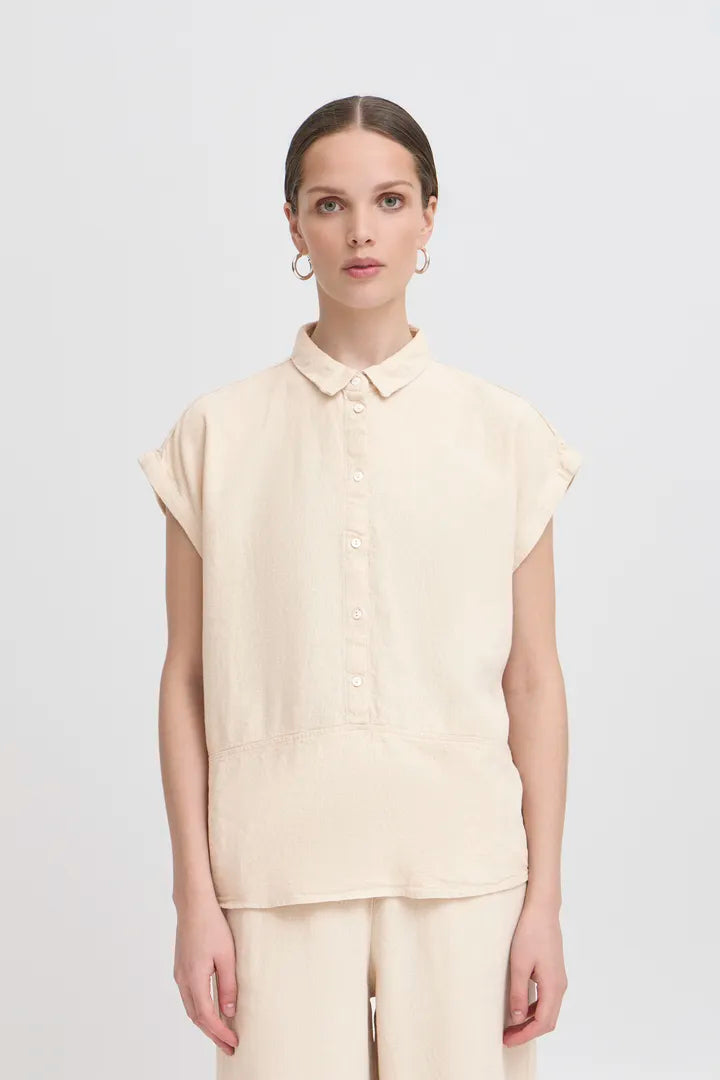 Ichi Linno Blouse with Short Sleeves in Ecru - 20122922