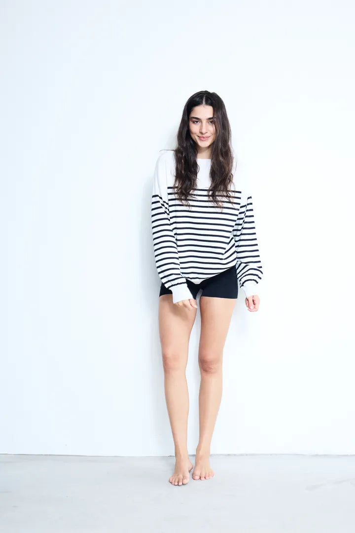 ICHI Luls Long Sleeve Top in Solid White Stripe - 20123811