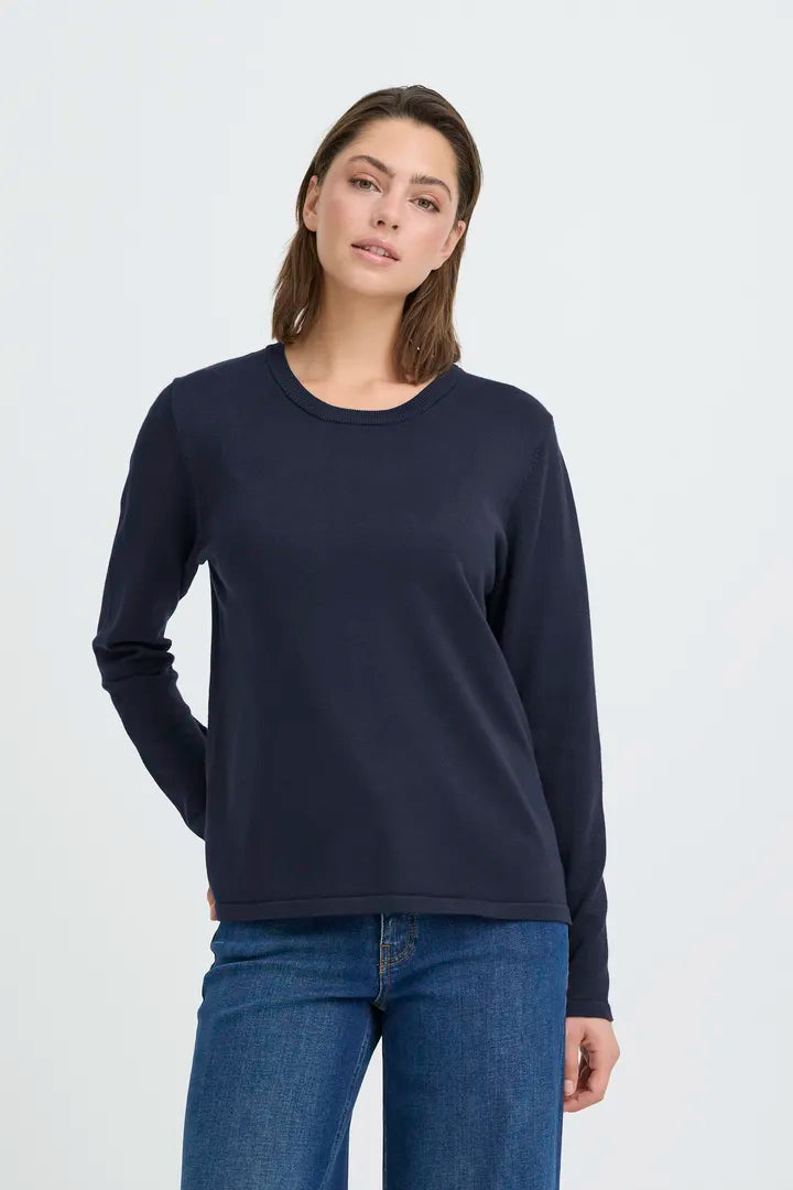 Ichi Luls Round Neck Long Sleeve Top in Total Eclipse