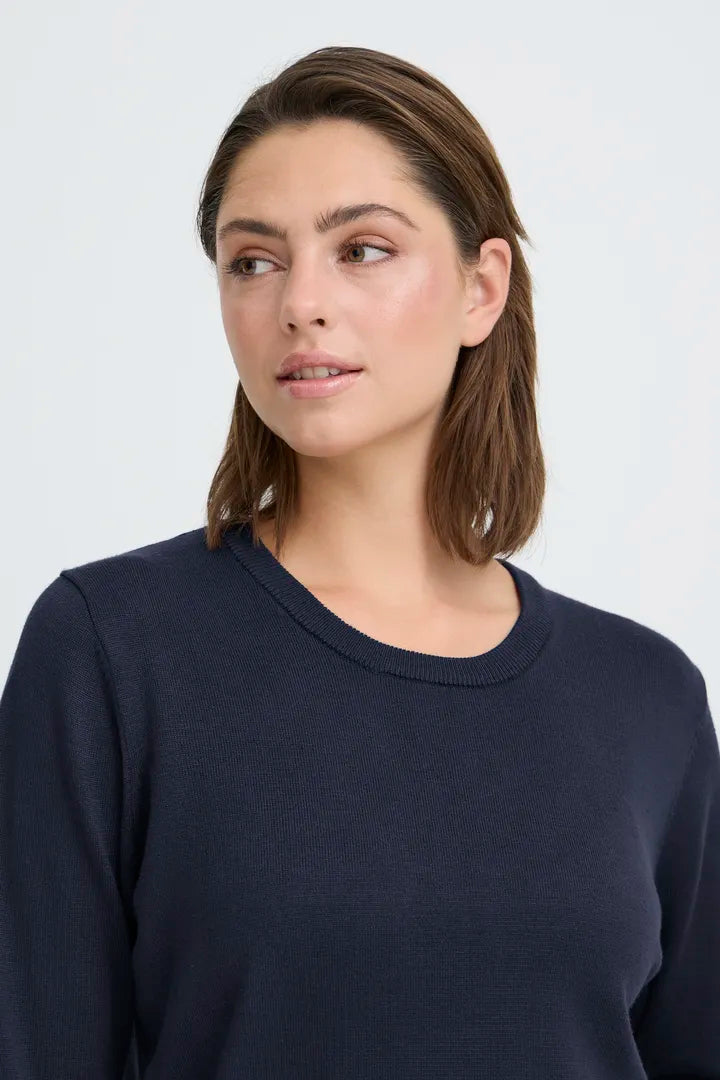 Ichi Luls Round Neck Long Sleeve Top in Total Eclipse