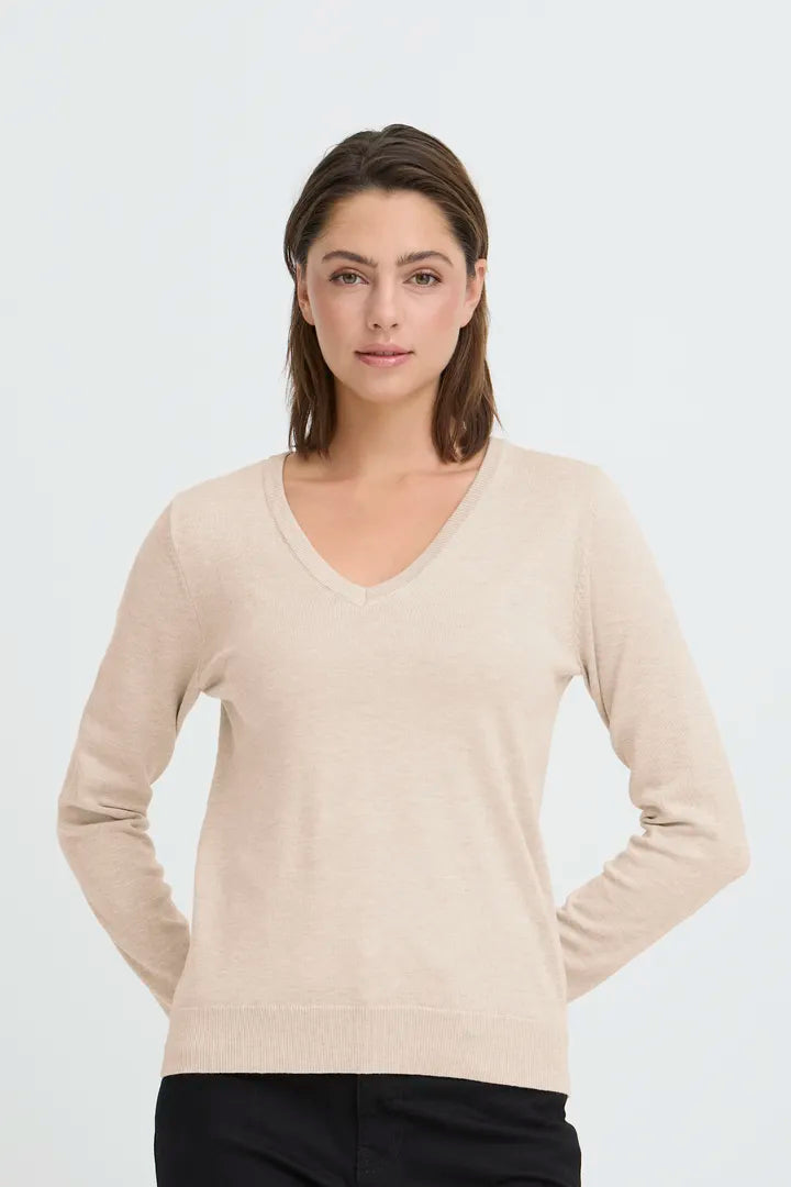 Ichi Luls V Neck Long Sleeve Top in Oatmeal Melange
