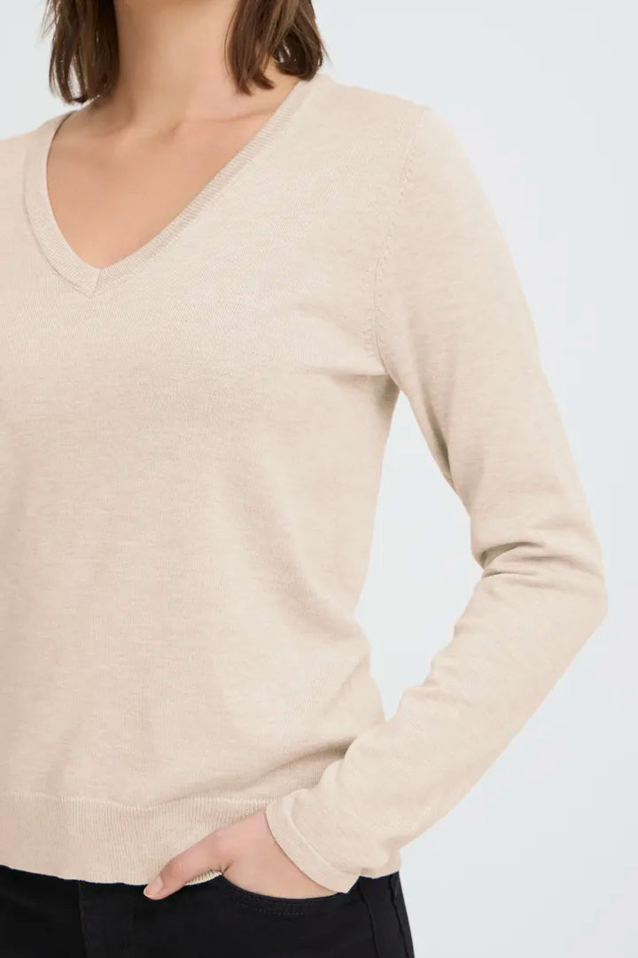 Ichi Luls V Neck Long Sleeve Top in Oatmeal Melange