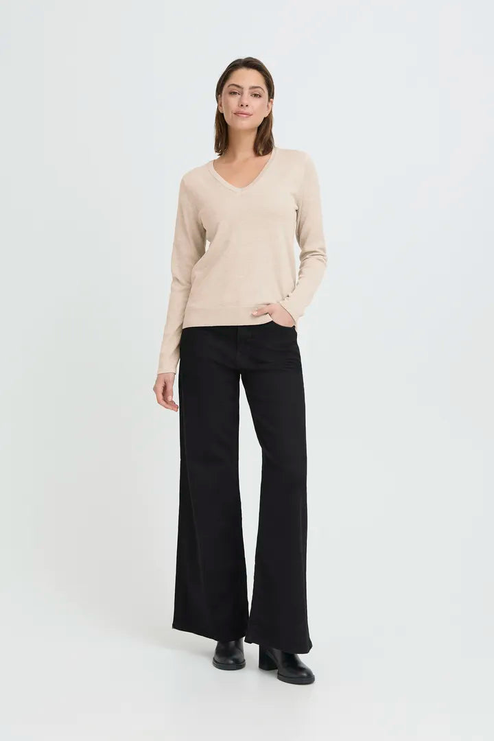 Ichi Luls V Neck Long Sleeve Top in Oatmeal Melange