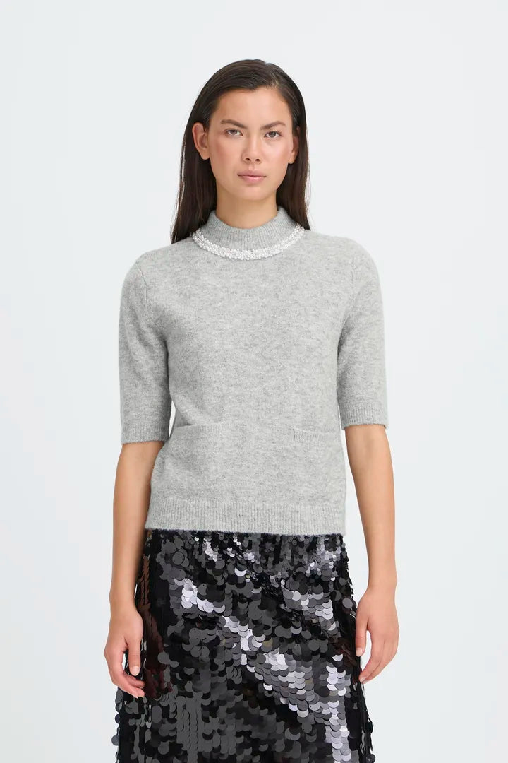 ICHI Macon Short Sleeved Top in Grey Melange - 20124688