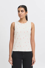 Ichi Palma Sleeveless Heart Pattern Top, White, Cloud dancer with Heart embro, red hearts, EvaLucia Boutique, Perth, Scotland