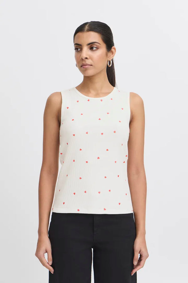 Ichi Palma Sleeveless Heart Pattern Top, White, Cloud dancer with Heart embro, red hearts, EvaLucia Boutique, Perth, Scotland