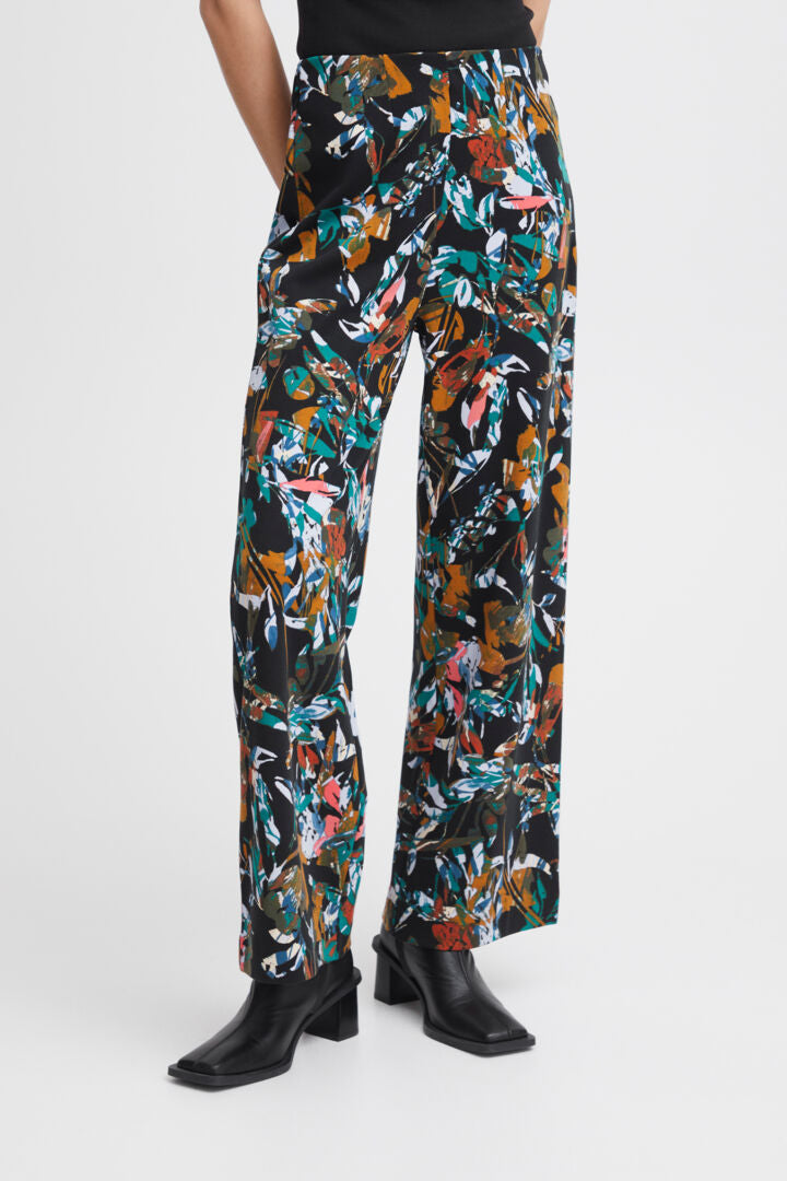 Ichi Kate Print Wide Leg Trouser-Multi Collage Flower-20119446