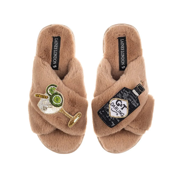 Laines London Classic Slippers with Gin and Glass Brooches in Toffee Eva Lucia