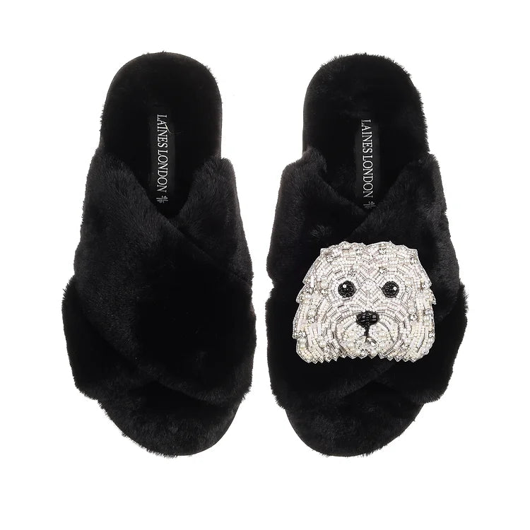 laines london black slippers with queenie the bichon brooch evalucia boutique perth scotland