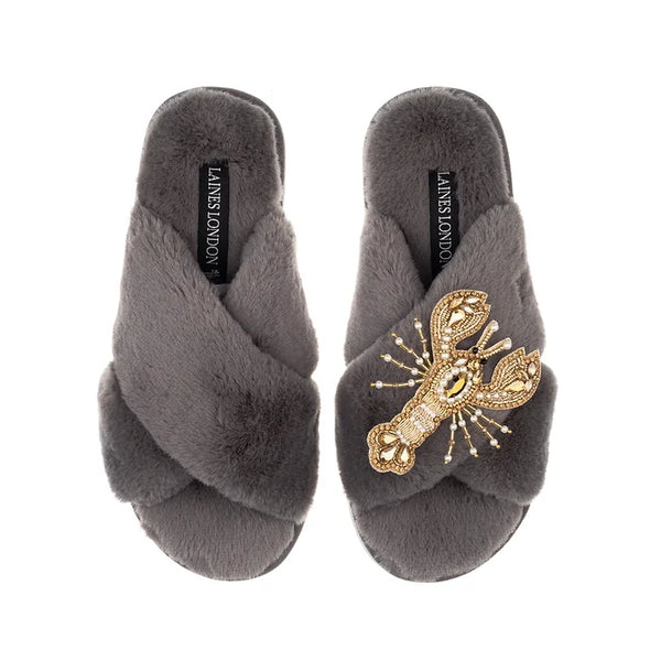 laines london grey slippers eith gold and pearl lobster evalucia boutique perth scotland