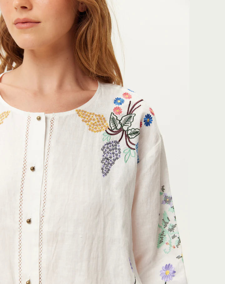 Me369 Helena Embroidered Linen Shirt in Linen Kisses