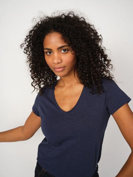 Mos Mosh Arden Organic V-Neck T-Shirt in Navy - 140930