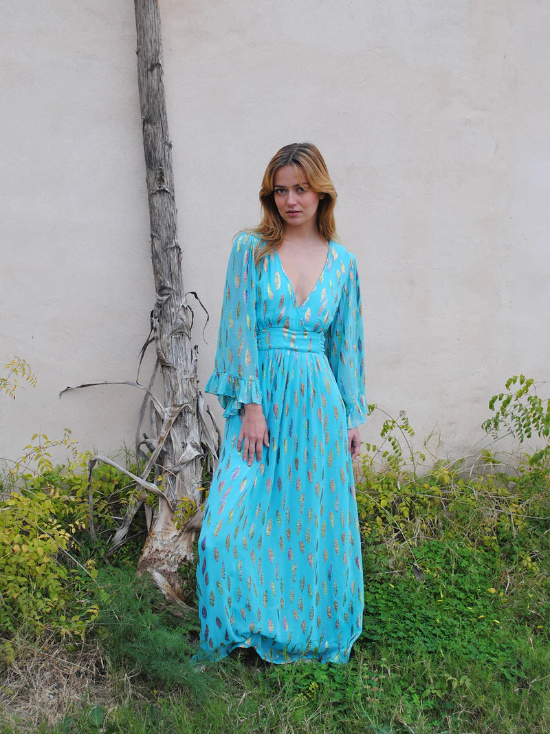 stardust celia maxi dress turquoise mettalic sunset evalucia boutique perth scotland