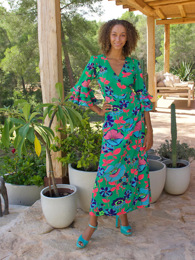 stardust joni maxi wrap dress dark green flower evalucia boutique perth scotland