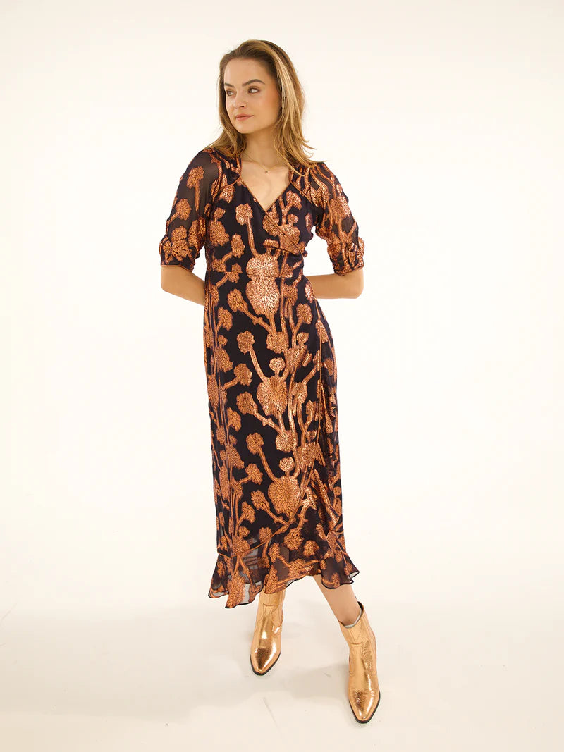 stardust flamenco maxi dress bronze midnight blue evalucia boutique perth scotland