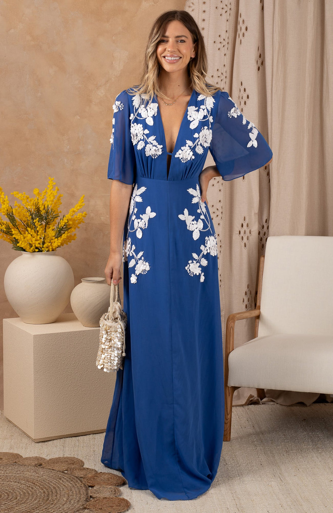Hope & Ivey The Eloise Plunge Front Embellished Maxi Dress