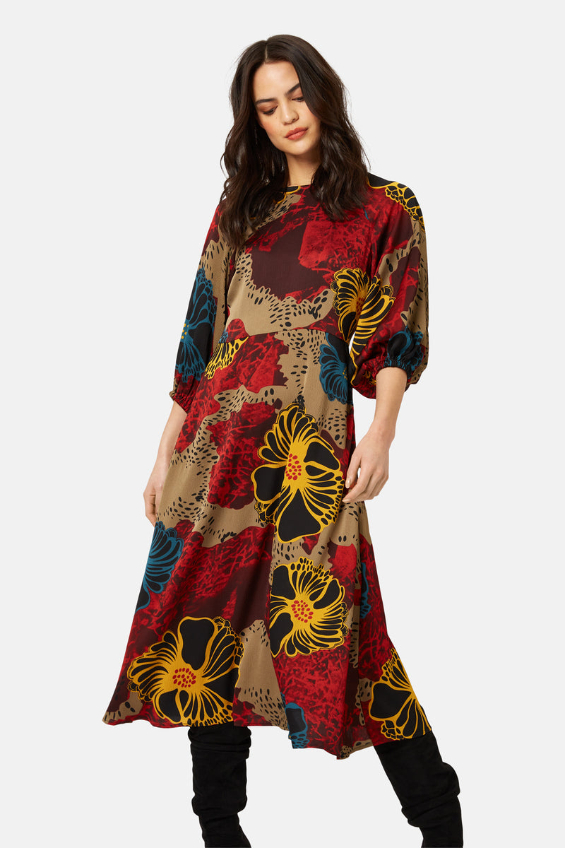 Traffic People Into My Arms Drape Dress-Red Florals-IMA12002009