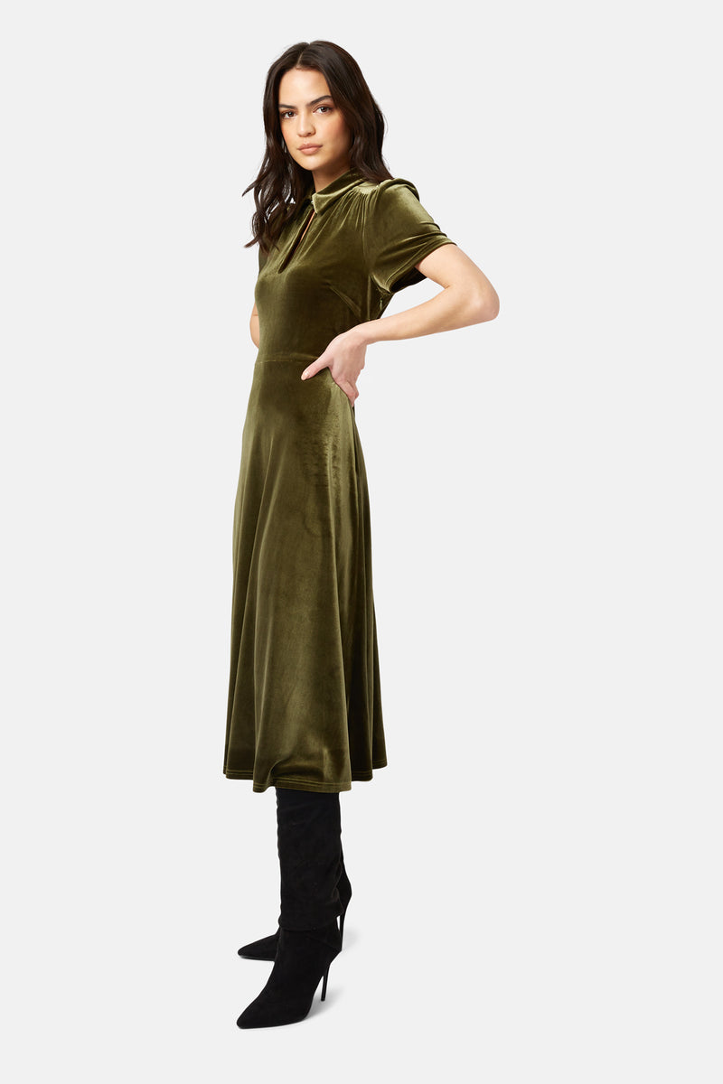 Traffic People  Never Say Goodbye Peep Midi Velvet Dress-Green-NSG12545018