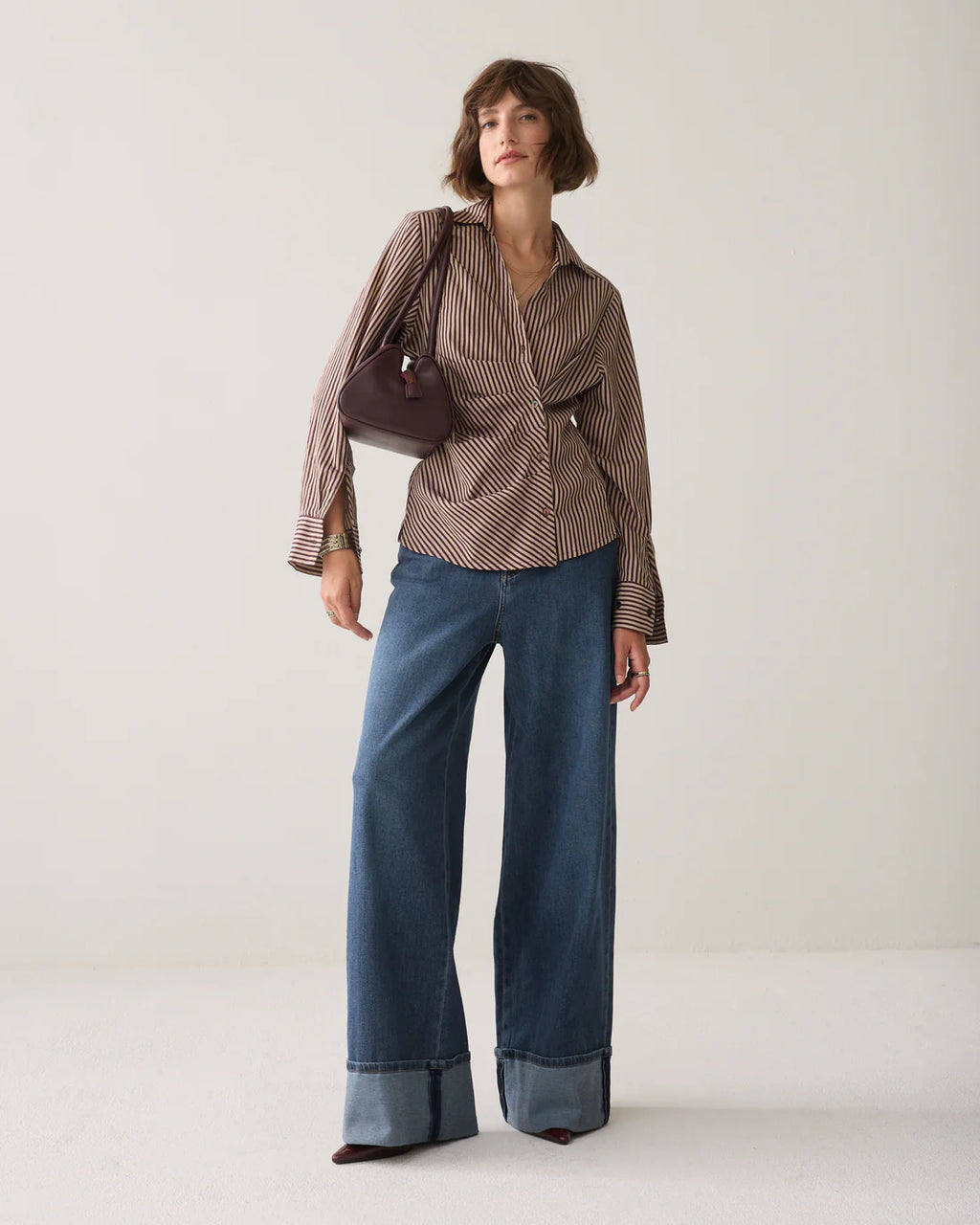 Summum Woman Two Tone Striped Shirt in Deep Burgundy