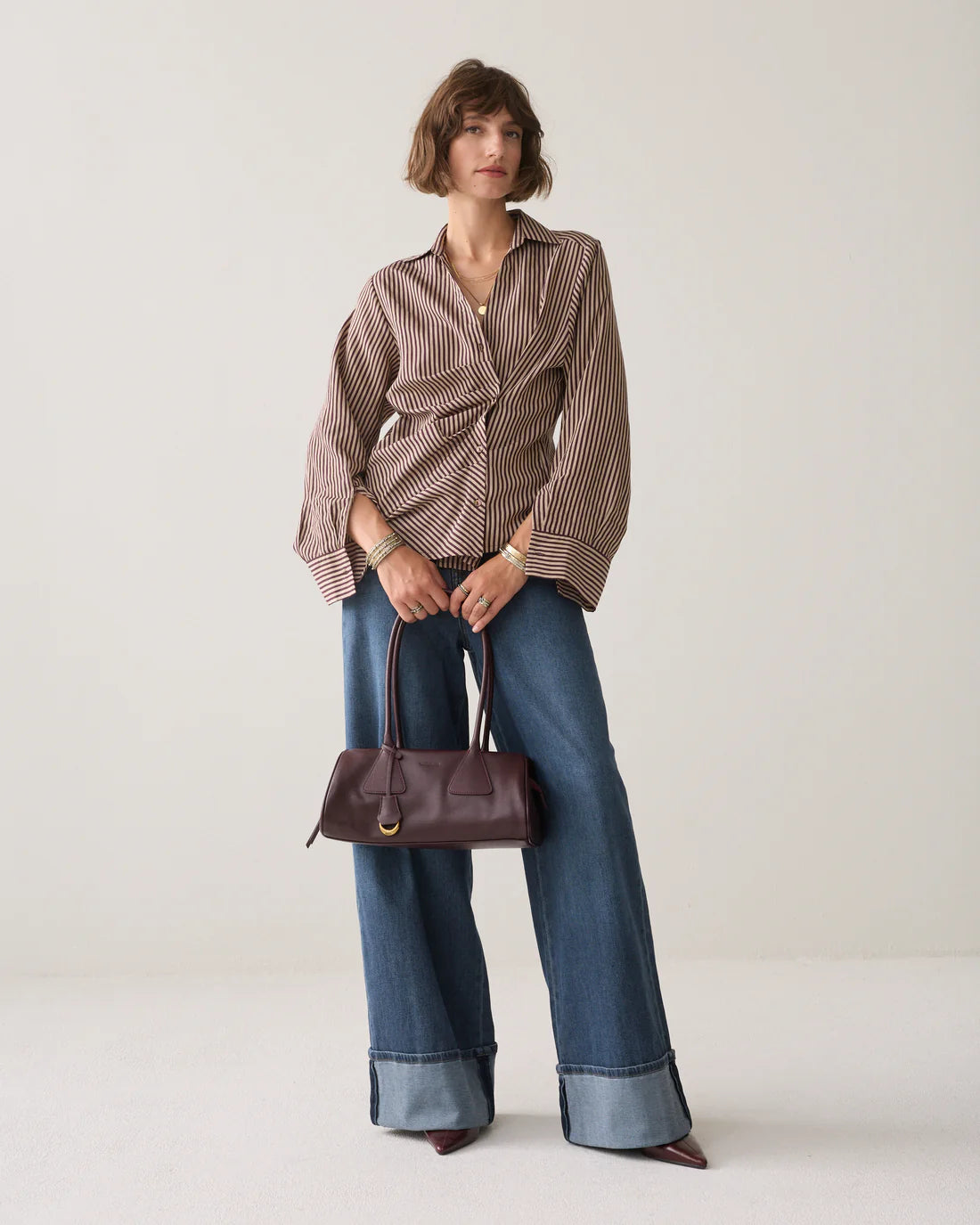 Summum Woman Two Tone Striped Shirt in Deep Burgundy