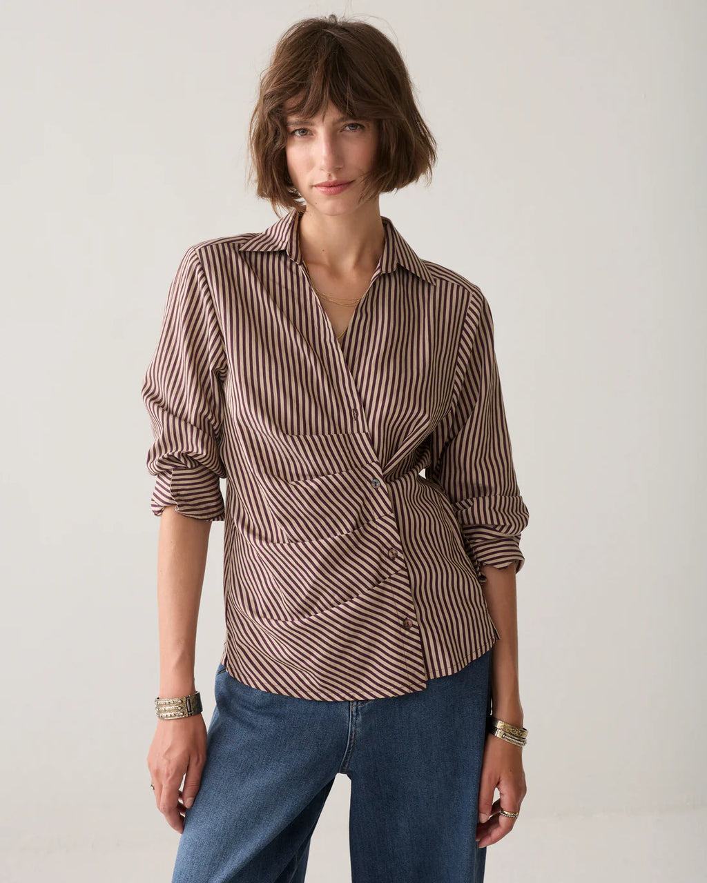 Summum Woman Two Tone Striped Shirt in Deep Burgundy