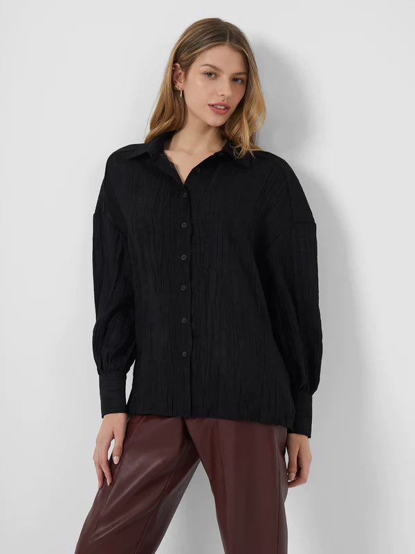 French Connection Elkaa Crinkle Suedette Popover Shirt-Black-72TBL